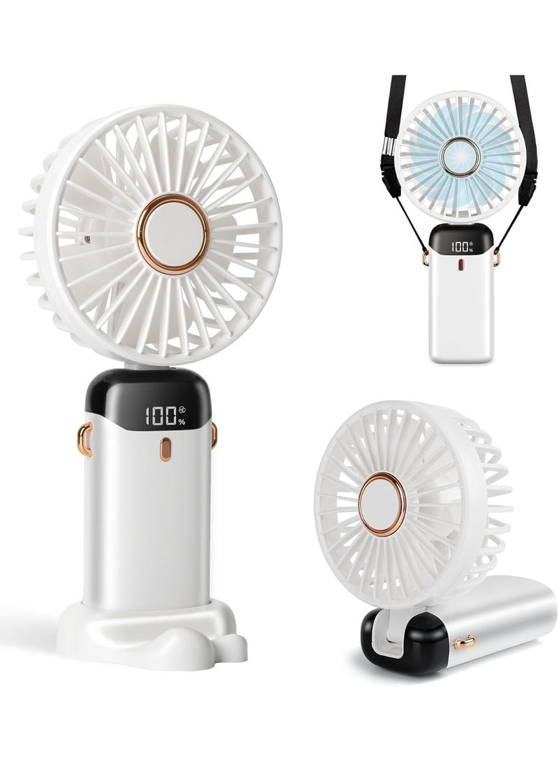 مروحة محمولة باليد، تدوم 12 ساعة، ببطارية مطورة 3200 مللي أمبير مع شاشة LED، قابلة للطي بزاوية 90°، 5 سرعات رياح، 3 في 1 (يدوي/رقبة/مكتبي)، مروحة صغيرة شخصية، مثالية للنساء أثناء المكياج (أبيض) - Image 1