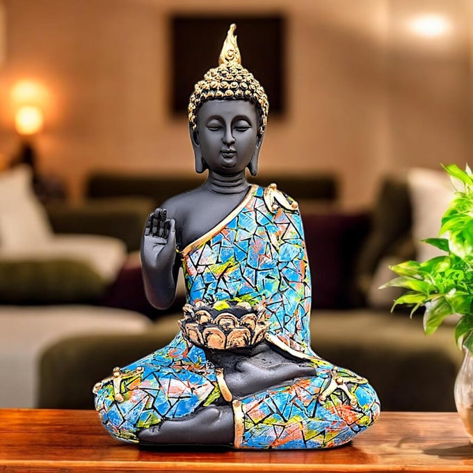 INDIA BIG MEDITATING BUDDHA STATUE SHOWPIECE FOR HOME DECOR LIVING ROOM HOUSE WARMING OFFICE GIFTING BUDDHA IDOL POLYRESIN DECORATIVE FIGURINE 11 INCH23 CM BLACK MULTICOLOR