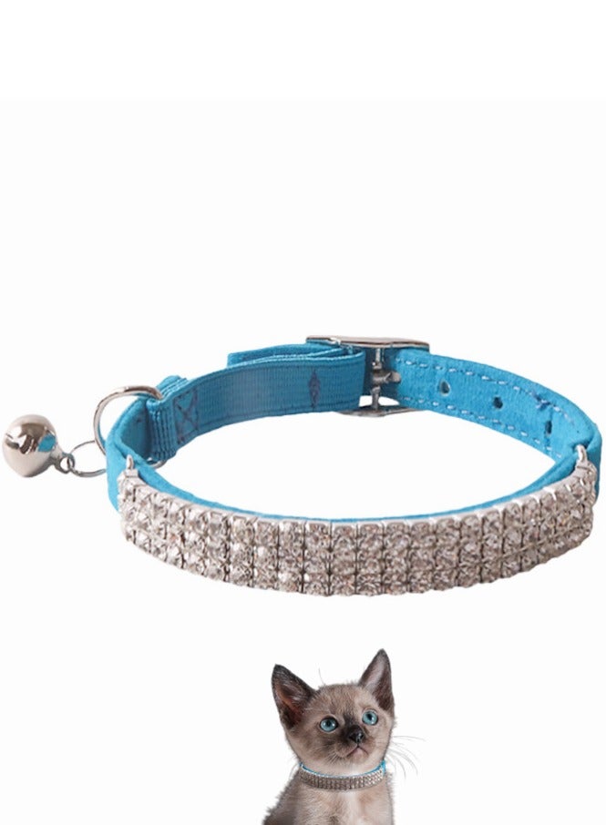 RTYY Adjustable Cat Collar Small Dog Anti-suffocation Collar with Bell Rhinestone Soft Velvet Pet Cat or Small Dog Necklace Blue - Image 1