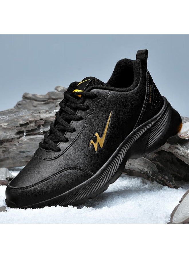 Double Star Autumn Winter Cotton Shoes Waterproof Leather Running Shoes Lightweight Soft Sole Student Casual Travel Shoes Size 44 Black - Image 1