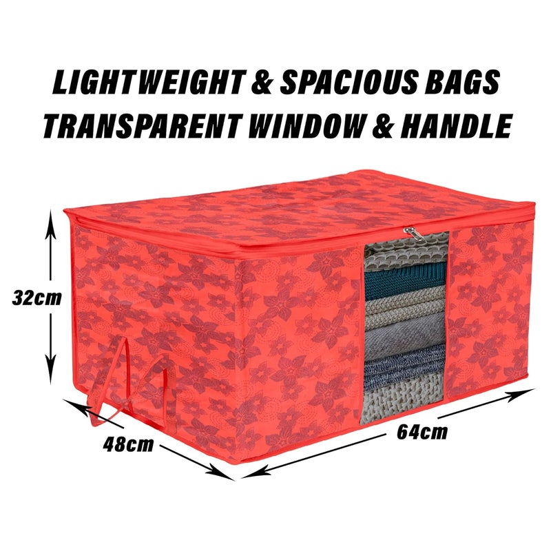 Kuber Industries Underbed Storage Bag Clothes Storage Bag Blanket Cover with Clear Window Zipper Closure Handle Cloth Organizer New FlowerDesign Large Pack of 2 Red - Image 3