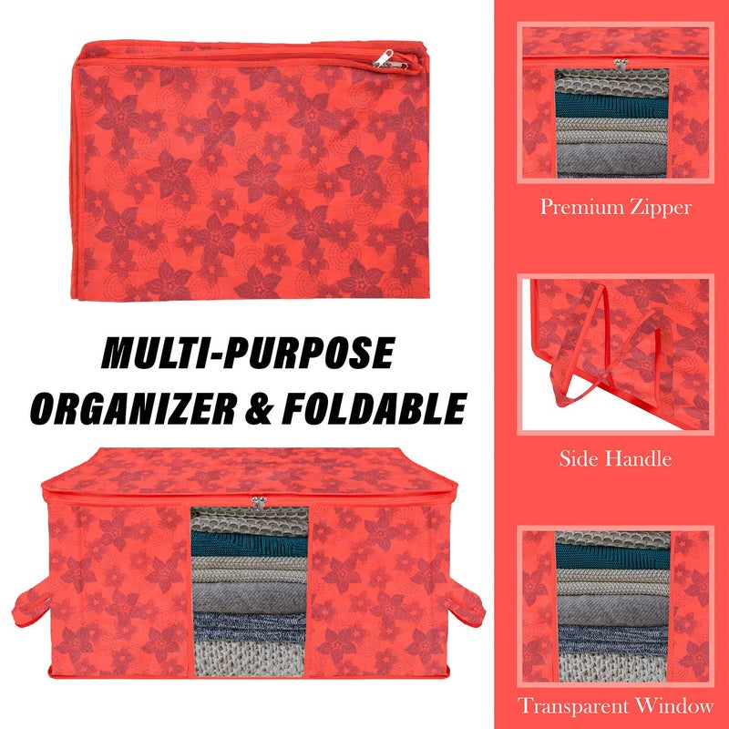 Kuber Industries Underbed Storage Bag Clothes Storage Bag Blanket Cover with Clear Window Zipper Closure Handle Cloth Organizer New FlowerDesign Large Pack of 2 Red - Image 4