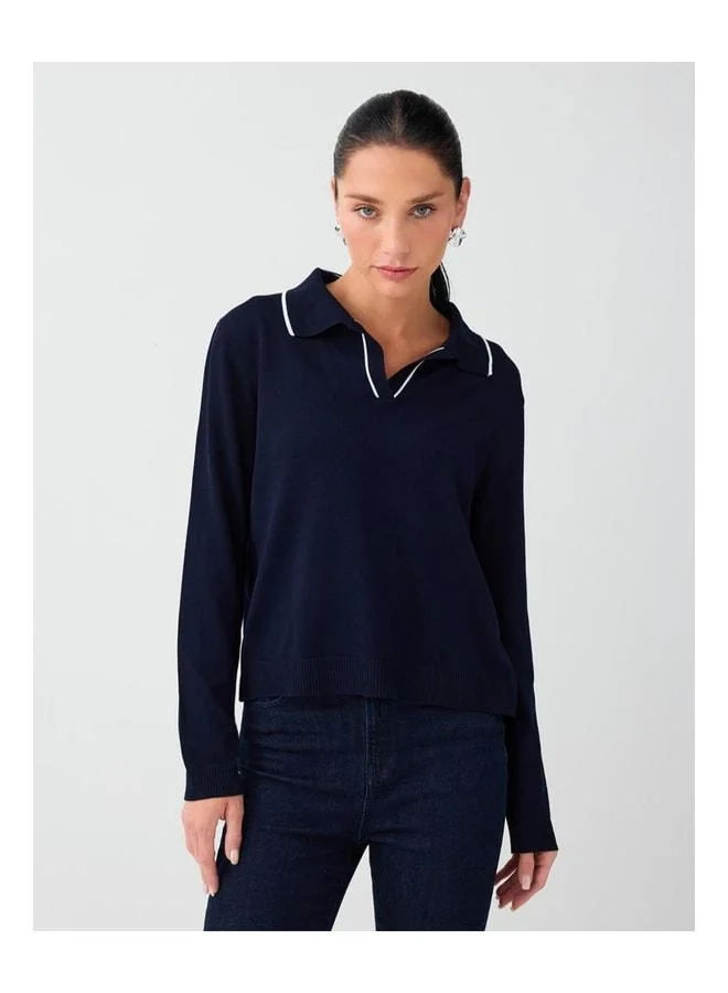 Jimmy Key Navy Blue Striped Detailed Polo Collar Knit Sweater.