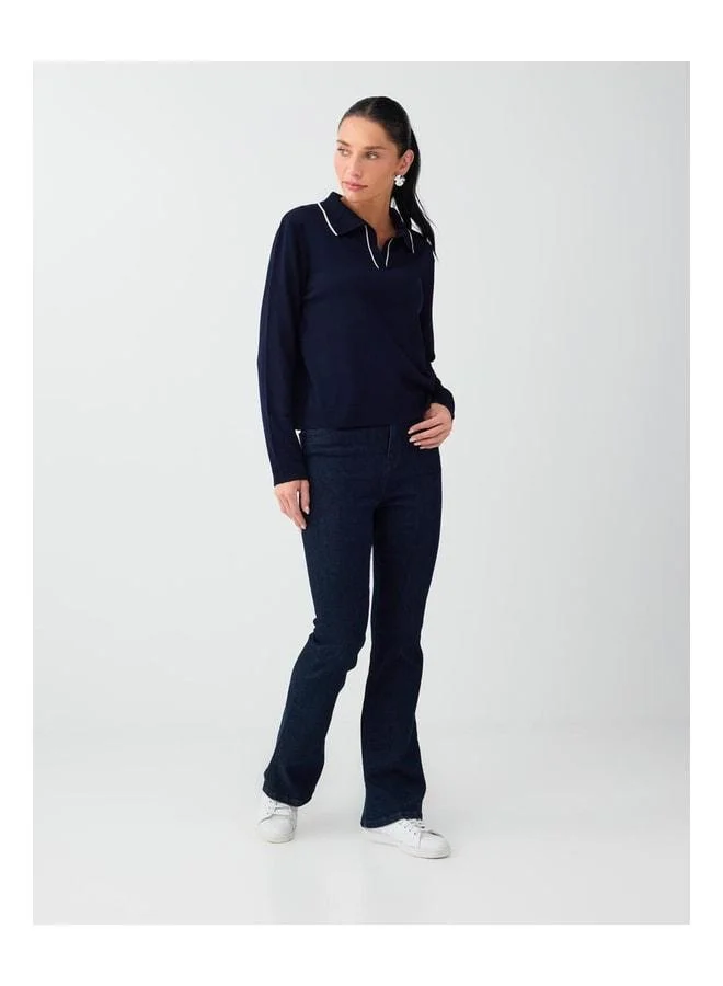 Jimmy Key Navy Blue Striped Detailed Polo Collar Knit Sweater.