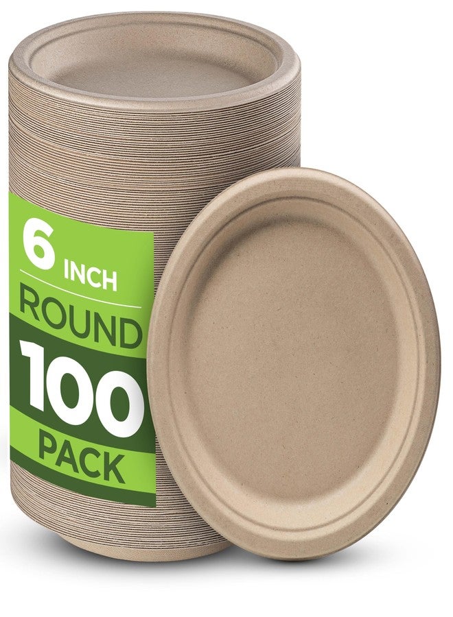 Munfix 100% Compostable Paper Plates 100 Pack, 6 Inch Heavy Duty Biodegradable Microwavable Disposable Brown Dessert Plates, Made of Eco-Friendly, Natural Unbleached Sugarcane Bagasse - Image 1