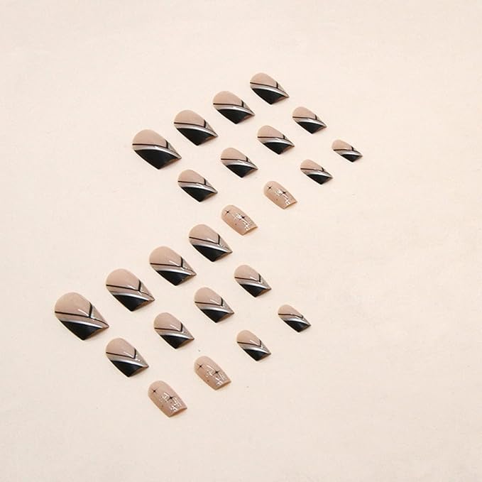 JUSTOTRY 24 Pcs Black Press on Nails Coffin Designs Gold Swirl Long False Nails Pretty Stick on for Women Glossy French Ballerina Medium for Art Gifts - Image 3