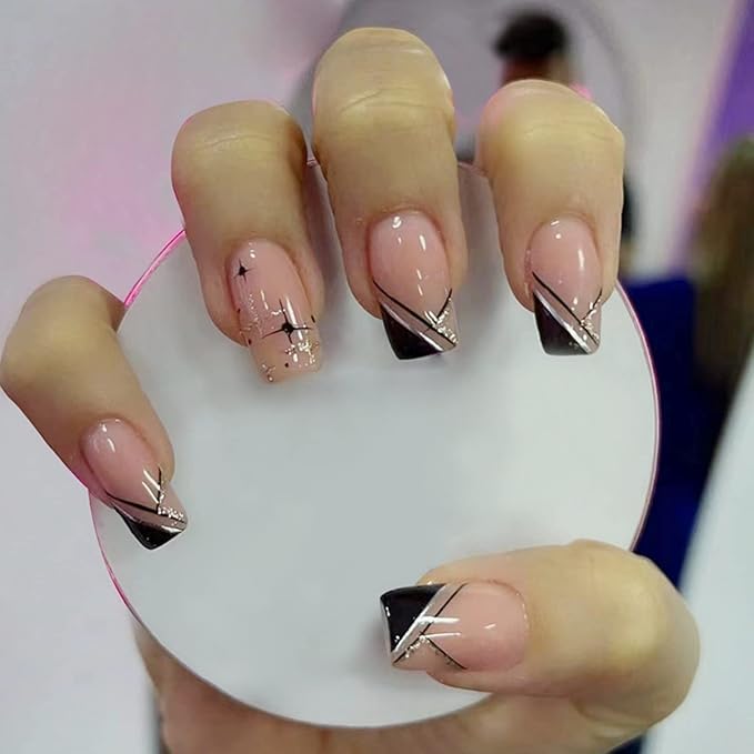JUSTOTRY 24 Pcs Black Press on Nails Coffin Designs Gold Swirl Long False Nails Pretty Stick on for Women Glossy French Ballerina Medium for Art Gifts - Image 1