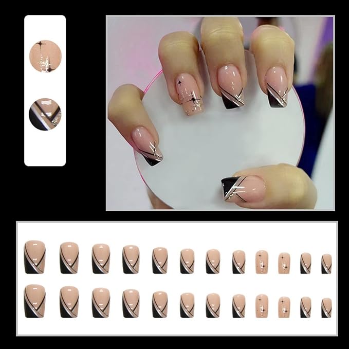 JUSTOTRY 24 Pcs Black Press on Nails Coffin Designs Gold Swirl Long False Nails Pretty Stick on for Women Glossy French Ballerina Medium for Art Gifts - Image 5