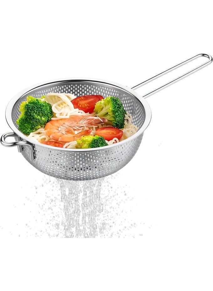 STAINLESS STEEL COLANDER WITH HANDLE, KITCHEN STRAINER BASKET WITH RESTING FEET, HEAVY DUTY METAL BASIN COLANDER FOR WASHING FRUITS AND VEGETABLES, DRAINING PASTA, RICE, NOODLES, FRYING & STEAMING FOOD, RUST RESISTANT