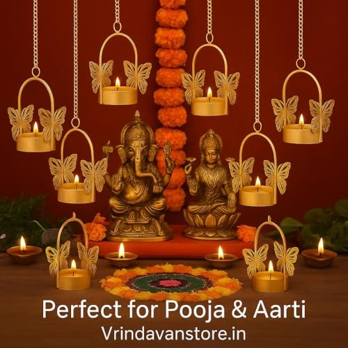 Vrindavanstore.in Butterfly Hanging Tealight Candle Holders with Free 8 Candles | Metal Hanging Diya for Pooja, Aarti, Wedding & Diwali Decoration Golden T-Light Holder for Home Décor (Set of 8) - Image 4