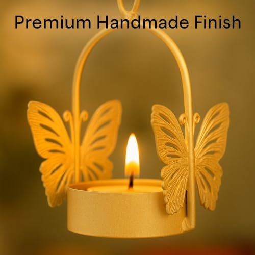 Vrindavanstore.in Butterfly Hanging Tealight Candle Holders with Free 8 Candles | Metal Hanging Diya for Pooja, Aarti, Wedding & Diwali Decoration Golden T-Light Holder for Home Décor (Set of 8) - Image 2