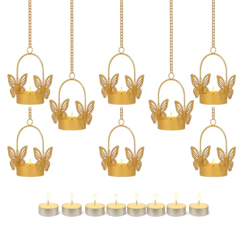 Vrindavanstore.in Butterfly Hanging Tealight Candle Holders with Free 8 Candles | Metal Hanging Diya for Pooja, Aarti, Wedding & Diwali Decoration Golden T-Light Holder for Home Décor (Set of 8) - Image 1