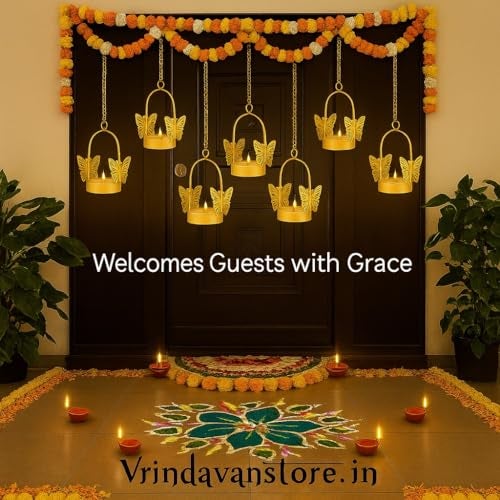 Vrindavanstore.in Butterfly Hanging Tealight Candle Holders with Free 8 Candles | Metal Hanging Diya for Pooja, Aarti, Wedding & Diwali Decoration Golden T-Light Holder for Home Décor (Set of 8) - Image 5