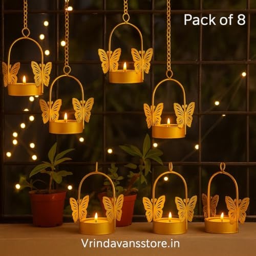 Vrindavanstore.in Butterfly Hanging Tealight Candle Holders with Free 8 Candles | Metal Hanging Diya for Pooja, Aarti, Wedding & Diwali Decoration Golden T-Light Holder for Home Décor (Set of 8) - Image 3