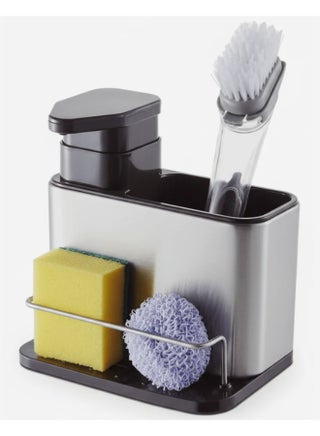 AKDC Deluxe Stainless Steel Kitchen Sink Organizer with Built-In Soap Dispenser, Sponge Holder & Brush Stand – Complete Sink Storage System (180×128×188 mm)