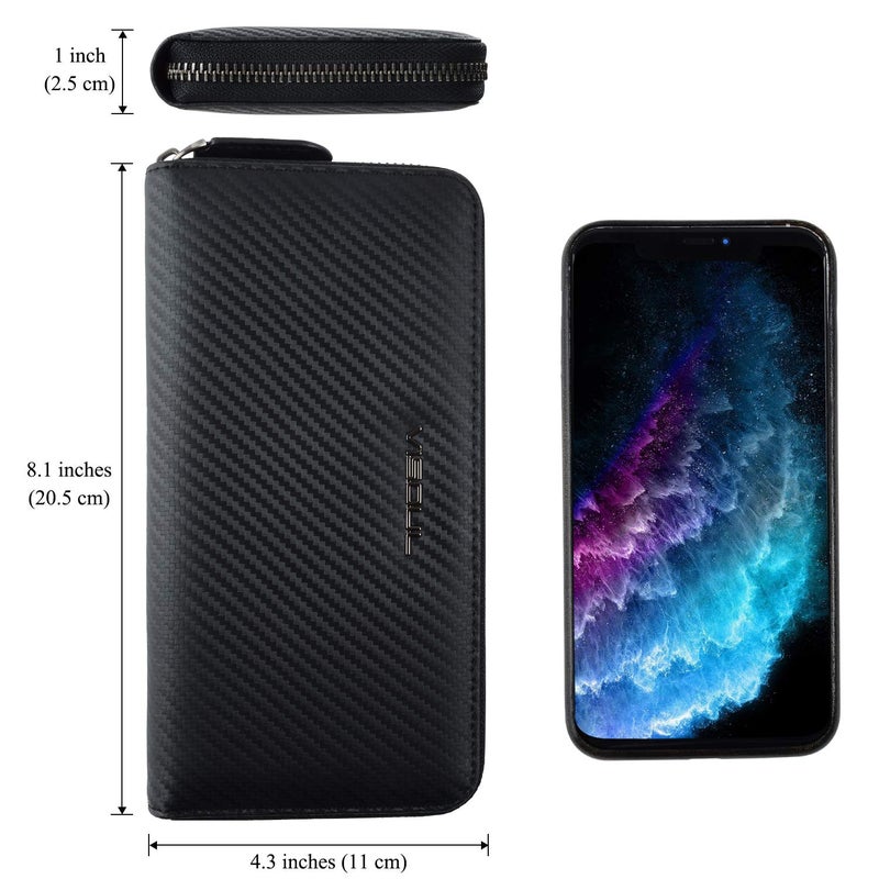 VISOUL Leather Long Zippered Pouch Wallet for Men with RFID Blocking, Large Carbon Fiber Leather Clutch Cash Long Wallet with Zipper (Black+Black) - Image 4