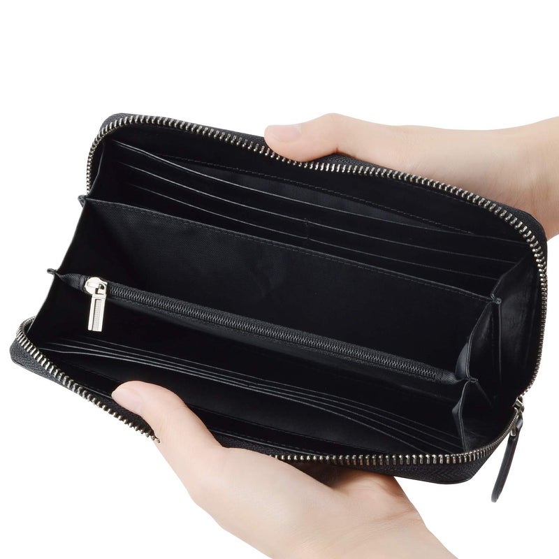 VISOUL Leather Long Zippered Pouch Wallet for Men with RFID Blocking, Large Carbon Fiber Leather Clutch Cash Long Wallet with Zipper (Black+Black) - Image 2
