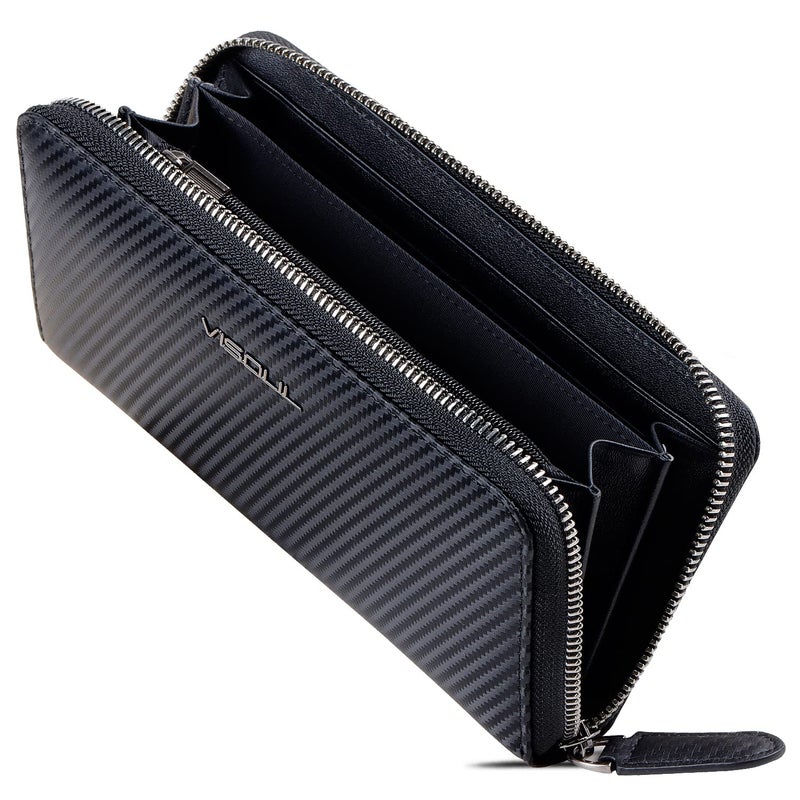 VISOUL Leather Long Zippered Pouch Wallet for Men with RFID Blocking, Large Carbon Fiber Leather Clutch Cash Long Wallet with Zipper (Black+Black) - Image 1