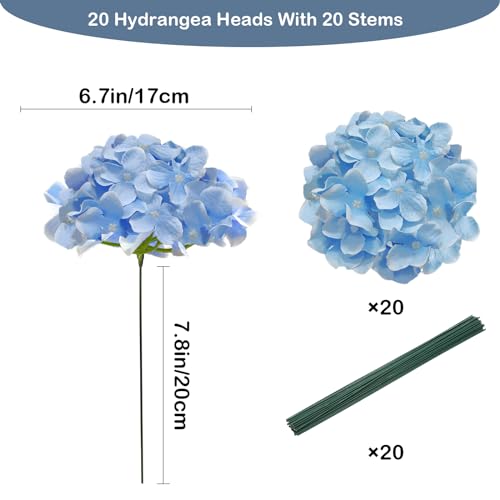 Cherica 20 Pcs Blue Hydrangea Artificial Flowers Bulk, Faux Hydrangea Flowers Heads, Artificial Fake Silk Hydrangea Flowers with Stems, Blue Flowers Artificial for Decoration Wedding Décor - Image 2