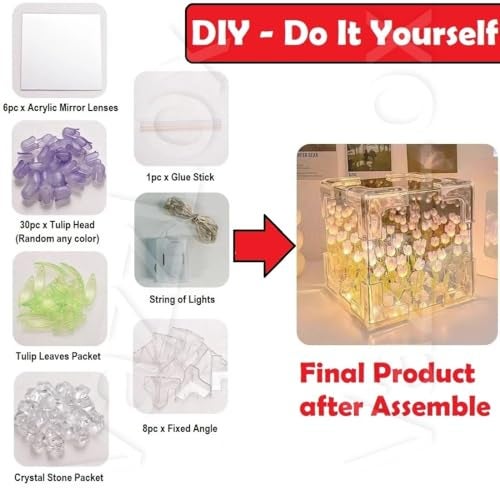 VazzLox DIY(Do It Yourself) Tulip Lamp Mirror Cube 30 Flowers LED Decorative Lamps Handmade 2 in 1 Table Ornaments & Mirror DIY Infinite Tulip Light Lamp for Bedroom Living Room Decor Gift -Multicolor - Image 2