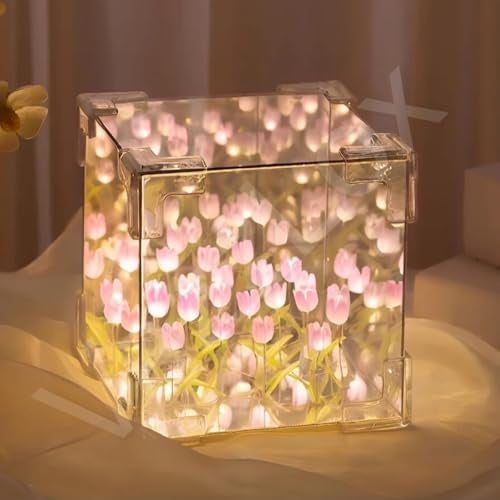 VazzLox DIY(Do It Yourself) Tulip Lamp Mirror Cube 30 Flowers LED Decorative Lamps Handmade 2 in 1 Table Ornaments & Mirror DIY Infinite Tulip Light Lamp for Bedroom Living Room Decor Gift -Multicolor - Image 1