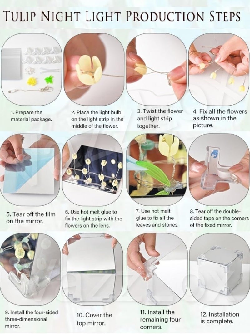 VazzLox DIY(Do It Yourself) Tulip Lamp Mirror Cube 30 Flowers LED Decorative Lamps Handmade 2 in 1 Table Ornaments & Mirror DIY Infinite Tulip Light Lamp for Bedroom Living Room Decor Gift -Multicolor - Image 3