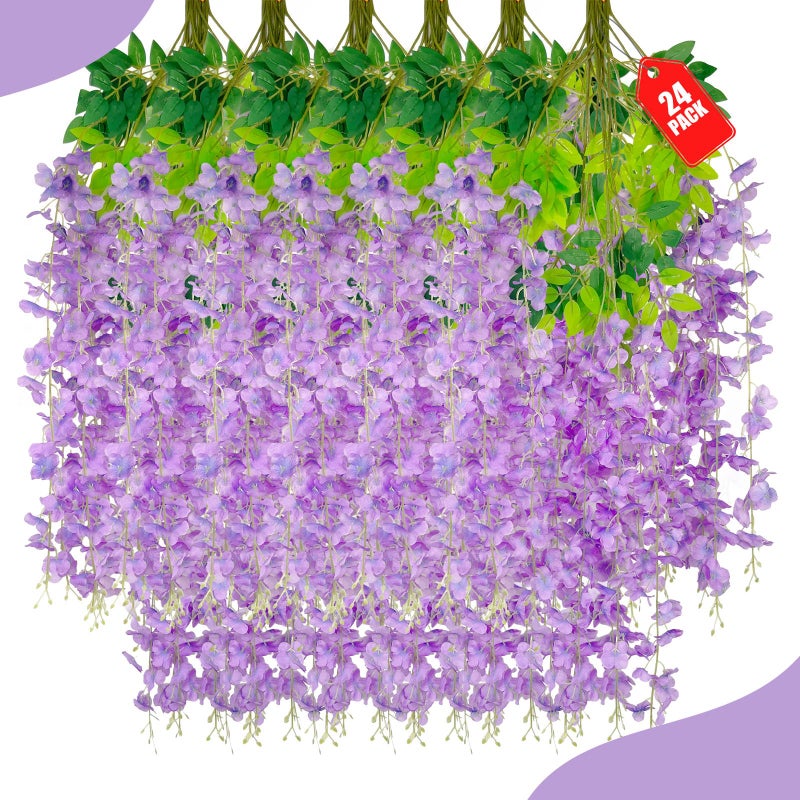 24 Pack Light Purple Wisteria Hanging Flowers 34 Ft Fake Hanging Flowers Artificial Wisteria Garland Vines for Wedding Room Backdrop Outdoor Patio Garden Decoration