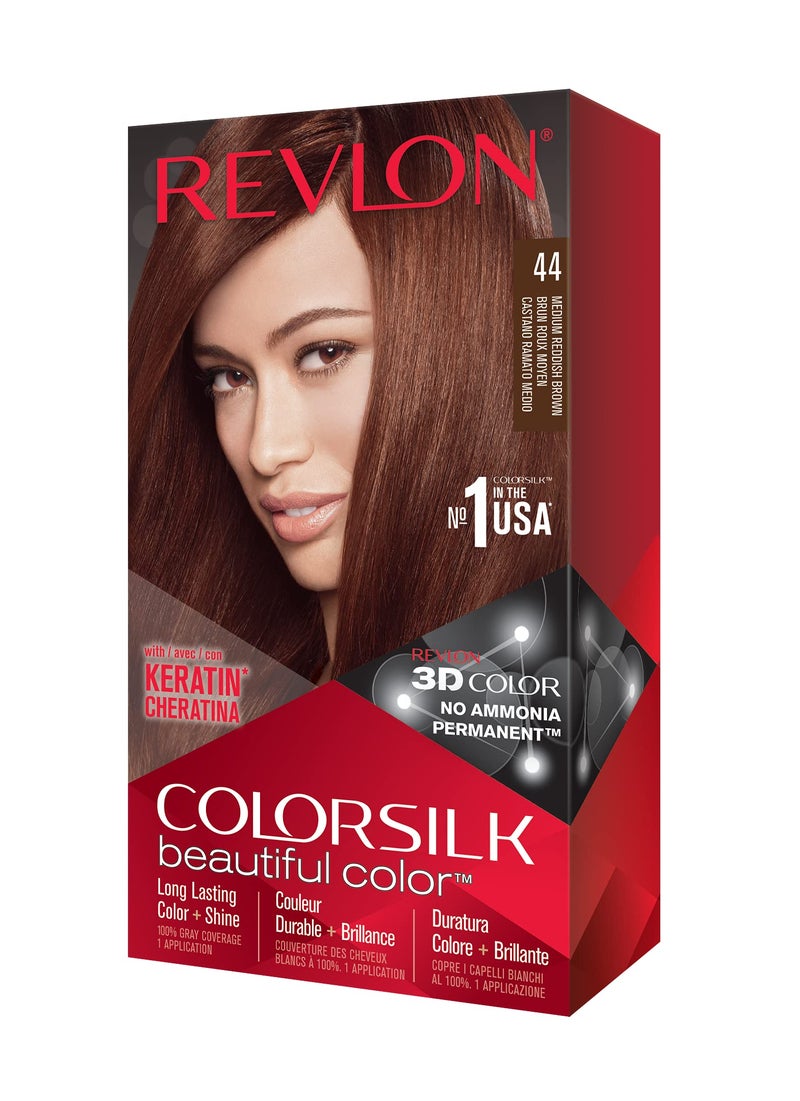 Revlon Colorsilk Beautiful Color, Permanent Hair Dye with Keratin, 100% Gray Coverage, Ammonia Free, 44 Medium Reddish Brown - Image 1