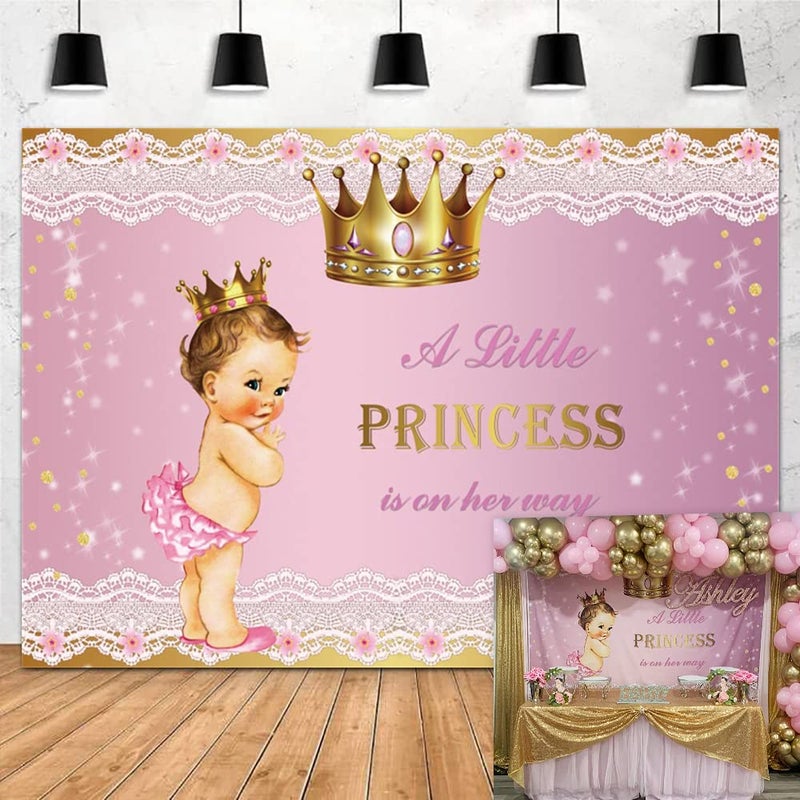 OFILA Princess Baby Shower Decoration Backdrop 7x5ft Gold Crown Lace Pink A Little Princess is On The Way Photography Background for Girl Baby Shower Party Decoration Banner Photo Prop