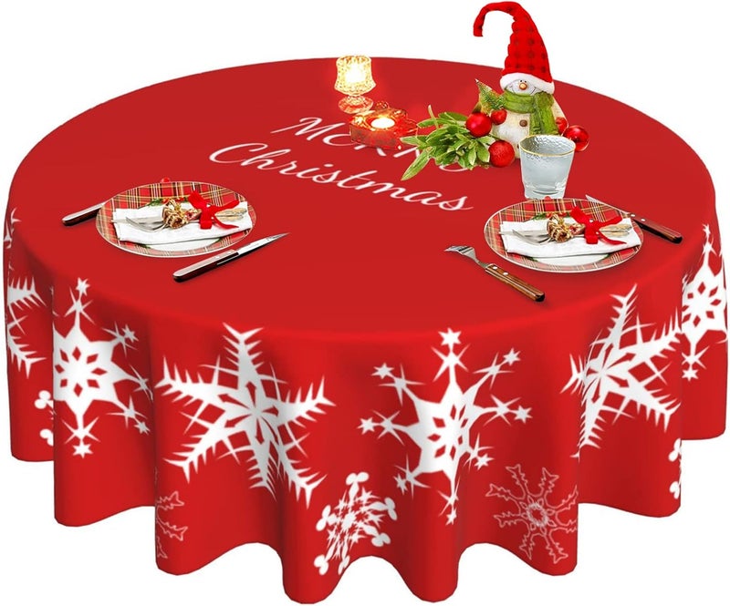 Bzkier Christmas Tablecloth Round Cloth Merry Christmas Snowflake Kitchen Dinning Tabletop Decor Cover Washable Polyester for Buffet Table Parties Holiday Dinner Party 70 Inch - Image 1