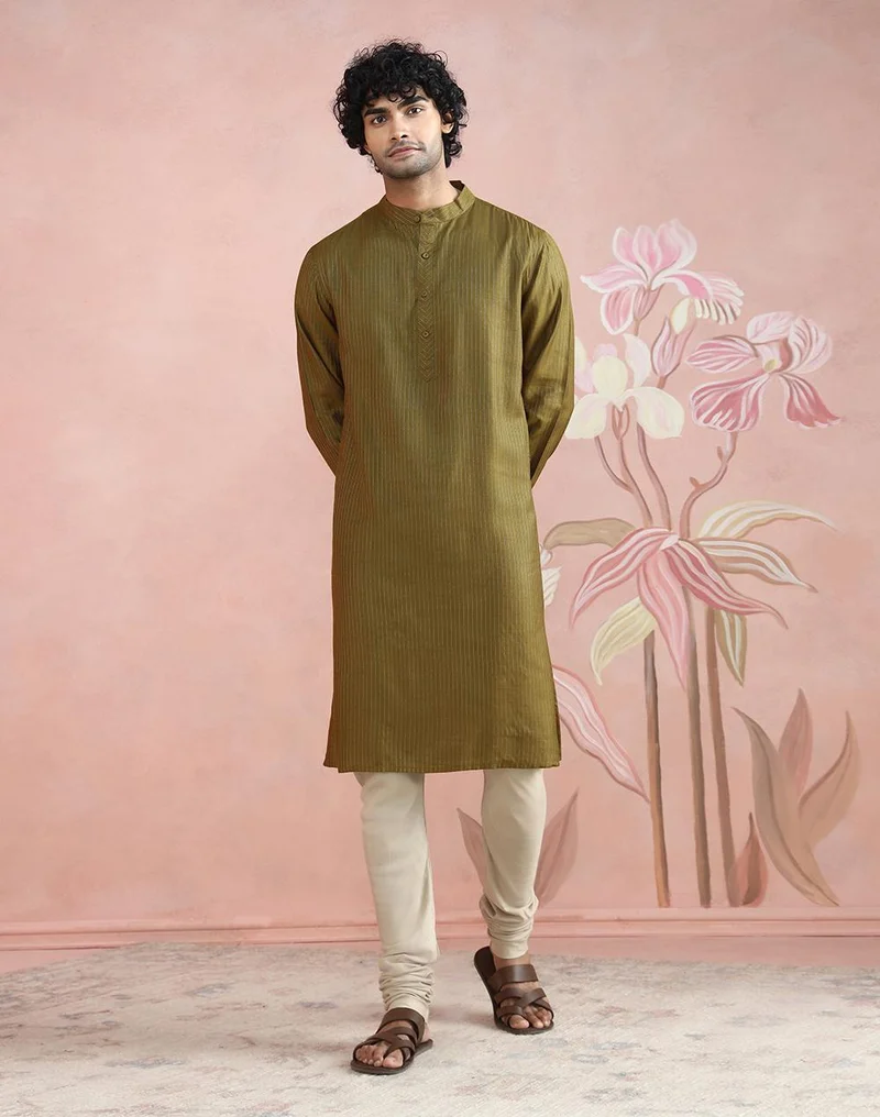 فاب انديا Olive Viscose Blend Stripe Long Kurta