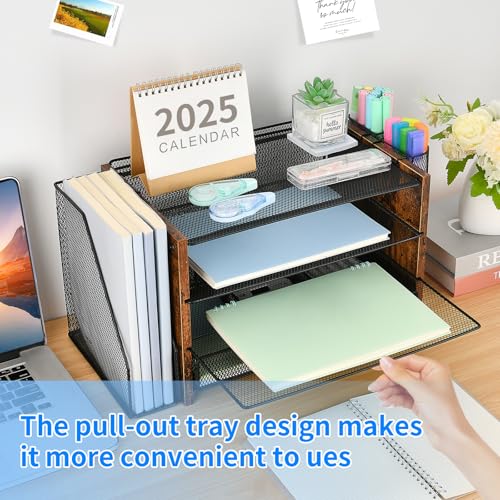 OPNICE Desk Organizer and Accessories, 4-Tier Desktop File Organizer with Drawer and 2 Pen Holders, Office Desk Accessories for Office Supplies(Wood) - Image 4