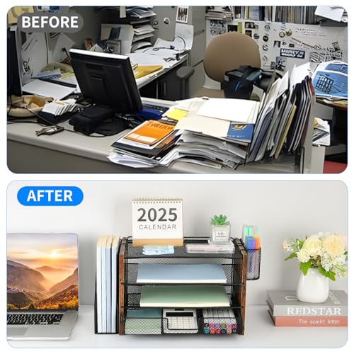 OPNICE Desk Organizer and Accessories, 4-Tier Desktop File Organizer with Drawer and 2 Pen Holders, Office Desk Accessories for Office Supplies(Wood) - Image 5
