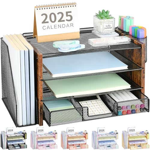 OPNICE Desk Organizer and Accessories, 4-Tier Desktop File Organizer with Drawer and 2 Pen Holders, Office Desk Accessories for Office Supplies(Wood) - Image 1