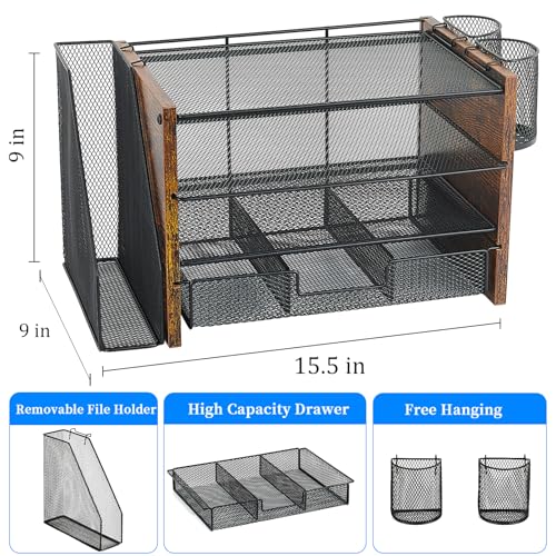 OPNICE Desk Organizer and Accessories, 4-Tier Desktop File Organizer with Drawer and 2 Pen Holders, Office Desk Accessories for Office Supplies(Wood) - Image 3