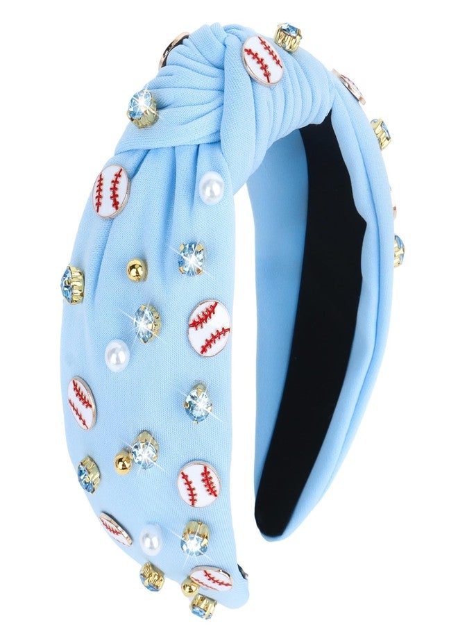 YARIEW Baseball Headband for Women - Wide Knotted Jeweled Top Knot Headband - Game Day Sports Fan Mom Baseball Gifts (Blue) - Image 1
