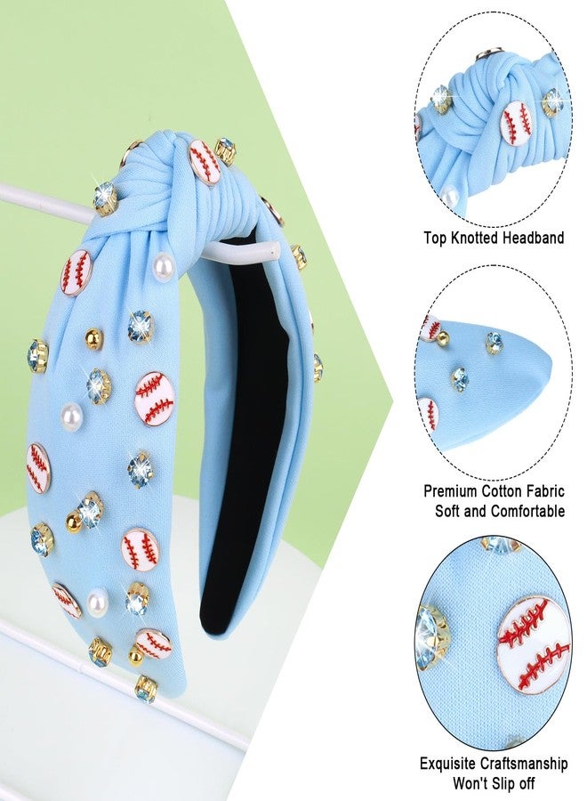 YARIEW Baseball Headband for Women - Wide Knotted Jeweled Top Knot Headband - Game Day Sports Fan Mom Baseball Gifts (Blue) - Image 2