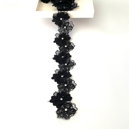 Buysk 2 Yards 3D Pearl Beads Flower Lace Trim Ribbon Floral Applique Embroidered Lace Fabric for Sewing DIY Crafts Black - Image 1