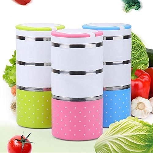 DR Mall 3 Layer Lunch Box Picnic Food Container Tiffin Hot Box Vacuum Insulated with Handle 1230ml - Image 1