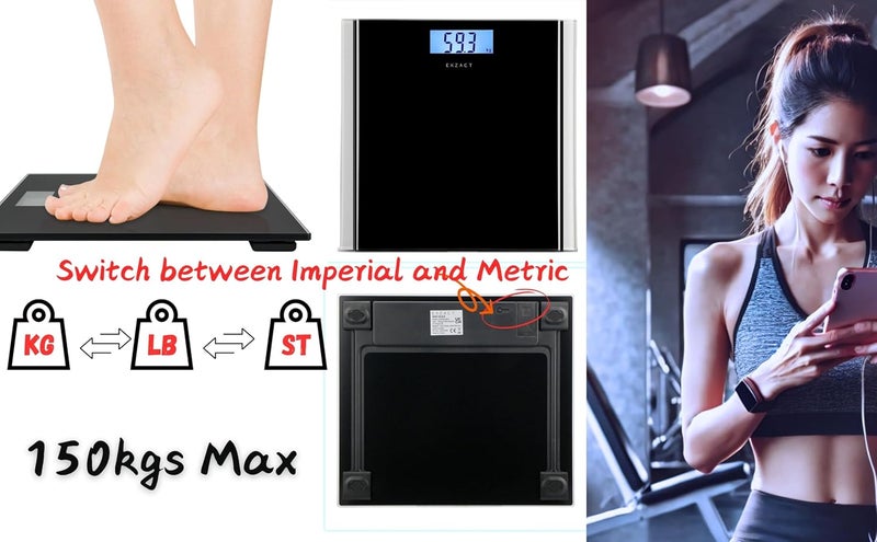 EXZACT Bathroom Scale Digital Electronic Body Scale Max150kg Switch between kgsstoneslbs High Precision Backlight LCD Display Black - Image 3