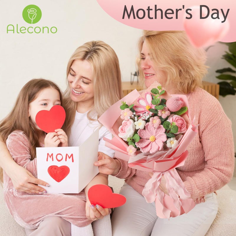 Alecono Crochet Flower Bouquet, Pink Handmade Knitted Flowers, Crochet Tulips Galsang Flower for Mother's Day Anniversary Birthday Graduation Lover Valentines Day Gifts (with Card) - Image 2
