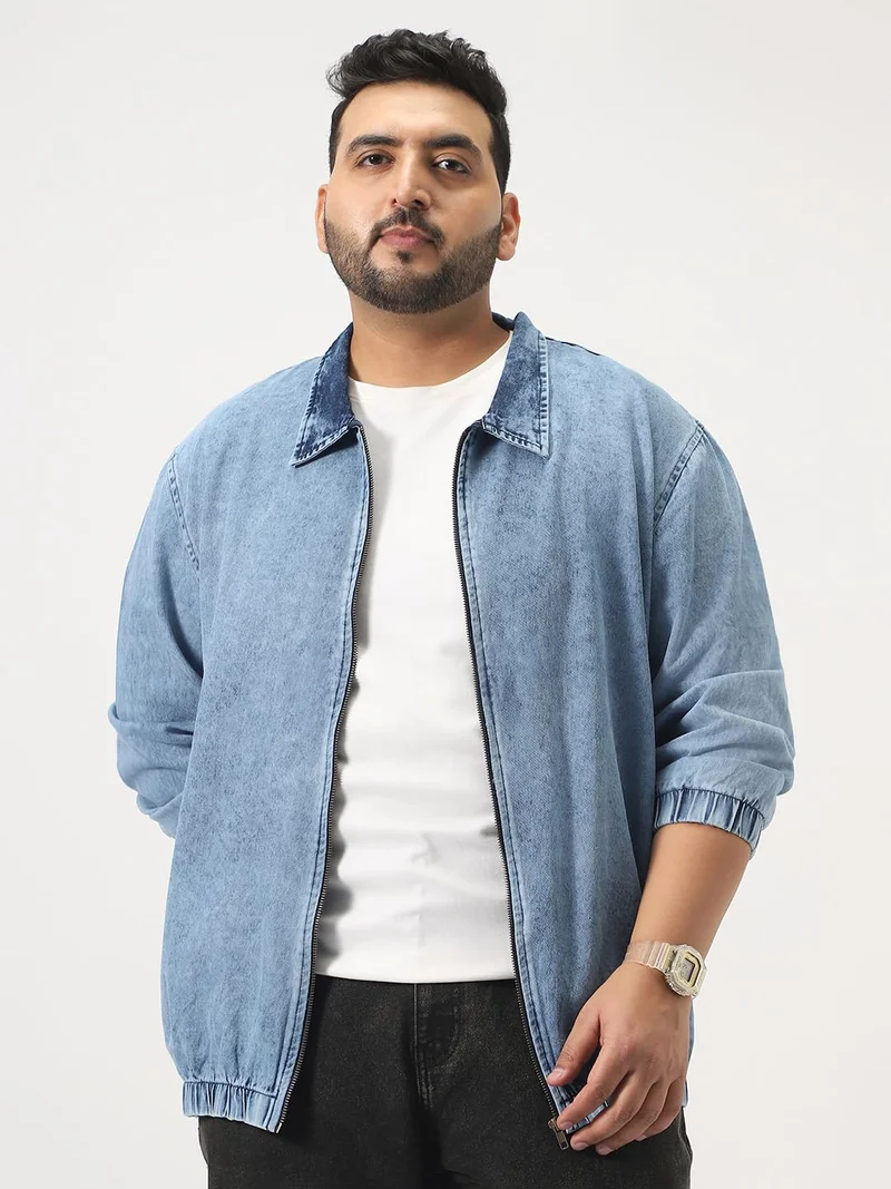 Urbano Plus Men's Light Blue Relaxed Fit Full Sleeve Harrington Denim Jacket