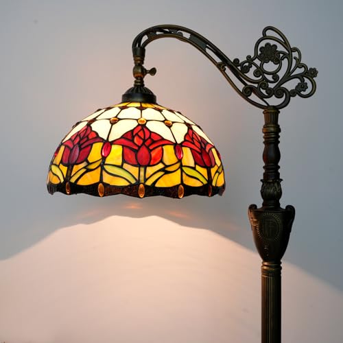 Blivuself Tiffany Floor Lamp Vintage Standing Lamp Red Tulip Style Stained Glass Floor Light Rustic Corner Gooseneck Floor Lamp with Adjustable Angle for Home Decor Living Room Bedroom 12X12X63 Inches - Image 1