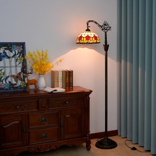 Blivuself Tiffany Floor Lamp Vintage Standing Lamp Red Tulip Style Stained Glass Floor Light Rustic Corner Gooseneck Floor Lamp with Adjustable Angle for Home Decor Living Room Bedroom 12X12X63 Inches - Image 2