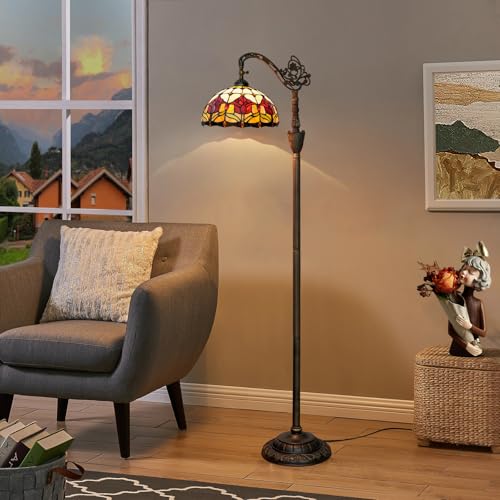 Blivuself Tiffany Floor Lamp Vintage Standing Lamp Red Tulip Style Stained Glass Floor Light Rustic Corner Gooseneck Floor Lamp with Adjustable Angle for Home Decor Living Room Bedroom 12X12X63 Inches - Image 3