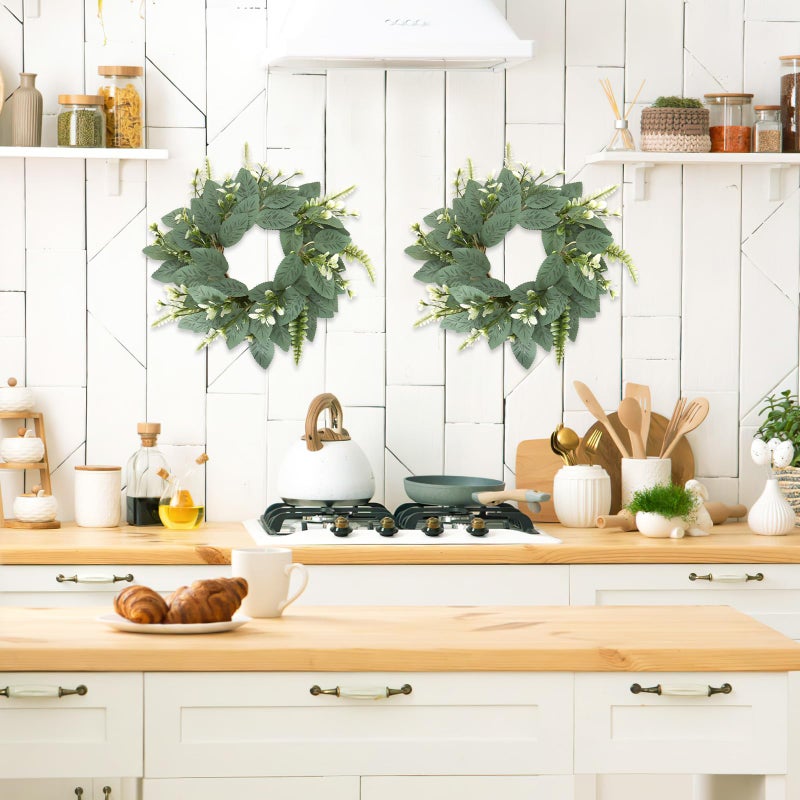 Dremisland 4 PCS Mini Eucalyptus Wreaths 10 Inch Artificial Kitchen Cabinet Wreaths Small Greenery Farmhouse Wreath for Front Door Window Kitchen Wedding Home Spring Summer Decor (Green) - Image 2
