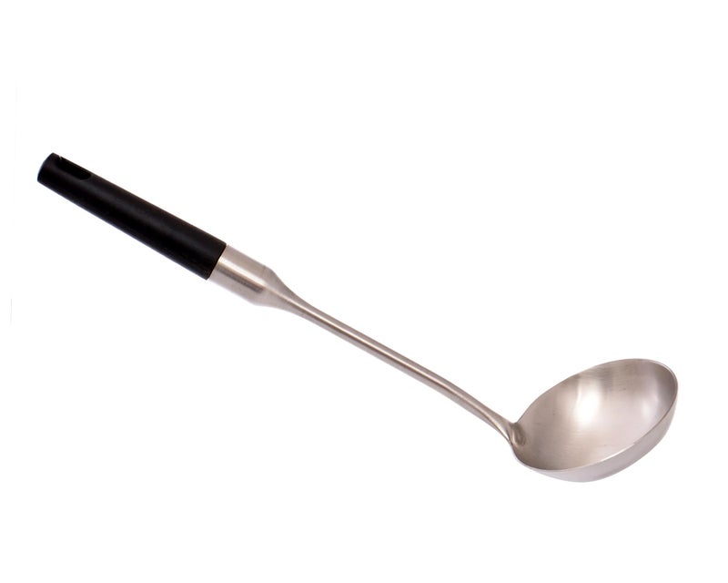 Professional Stainless Steel Serving Ladle with Black Handle, Long Kitchen Spoon - Image 1