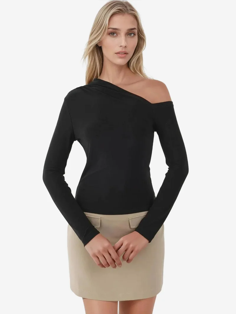 HICCUP Asymmetrical Collar Long Sleeve Slim Fit Soft Touch  Knit Top