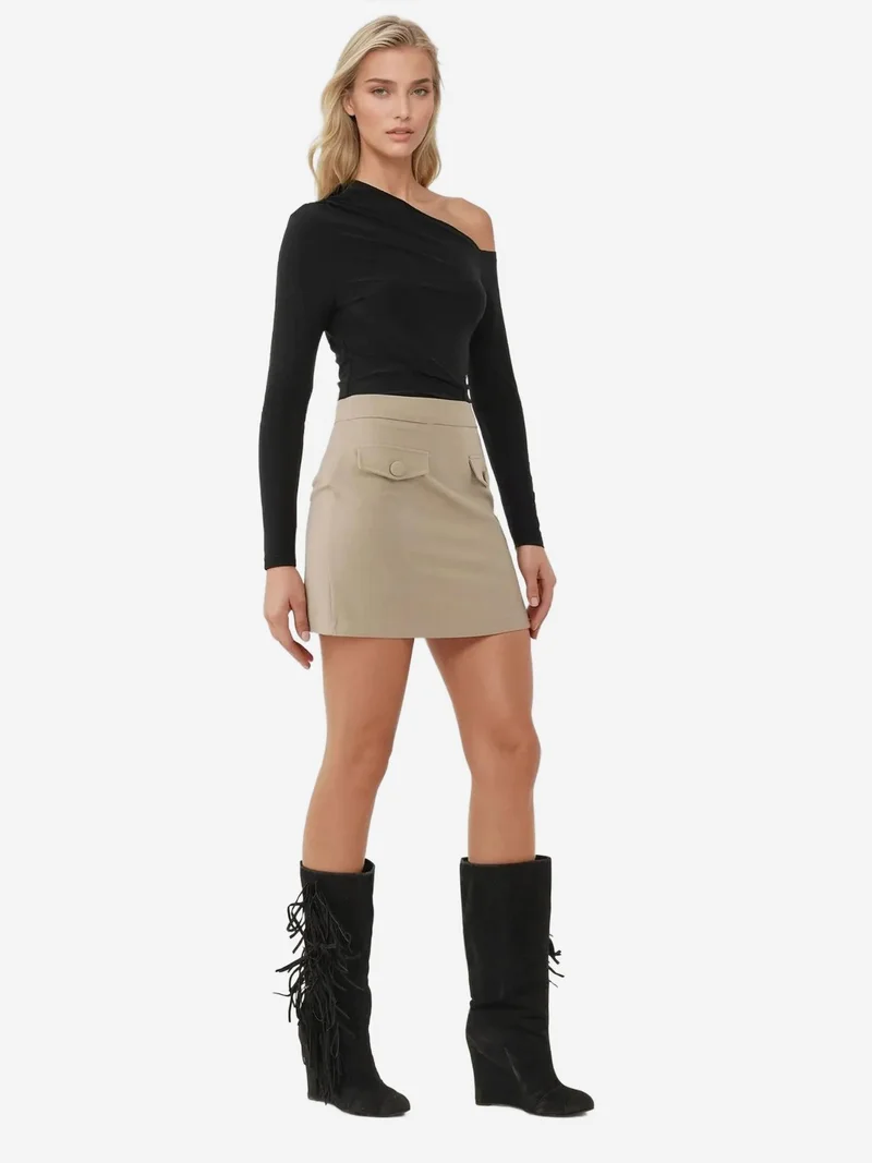 HICCUP Asymmetrical Collar Long Sleeve Slim Fit Soft Touch  Knit Top