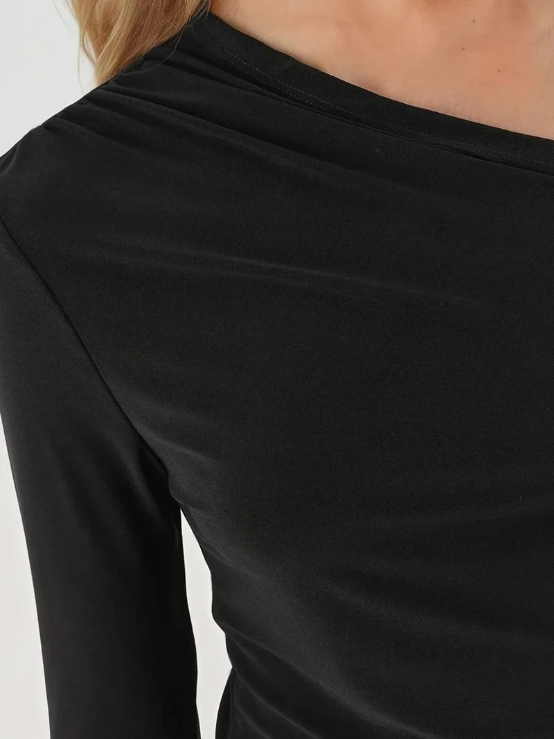 Hiccup Black Asymmetrical Collar Long Sleeve Slim Fit Soft Touch  Knit Top for Women | Best Price UAE